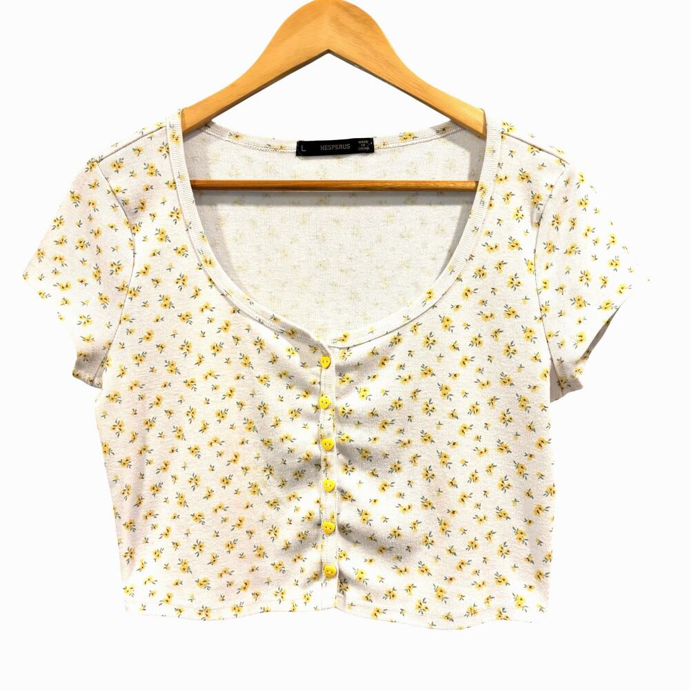 Cottagecore Ditsy Floral Button Up Crop Top Yellow White Prairie, Size Large
